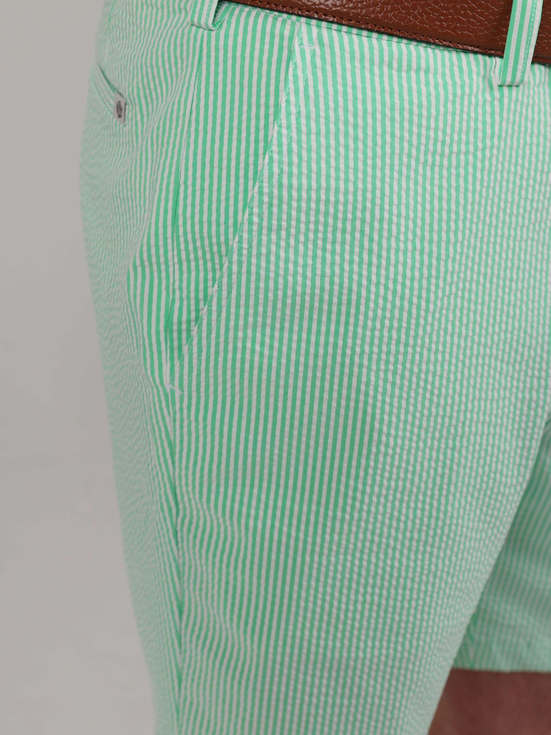 Close-up of mint green and white striped shorts with a brown leather belt. The fabric pattern is vertical, conveying a fresh, casual style.