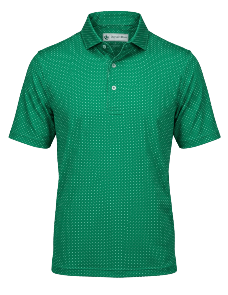 Green short-sleeve polo shirt with subtle dot pattern and button placket.