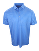 Blue short-sleeve polo shirt with an all-over geometric print and button placket.