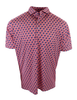 Men's short-sleeve polo shirt in coral with a navy diamond print pattern.