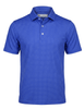 Royal blue short-sleeve polo shirt with all-over dot pattern and white button placket.