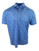 Blue short-sleeve polo shirt with an all-over boat and ship print in navy and red.