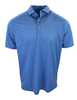 Men's short-sleeve polo shirt in periwinkle blue with all-over geometric print and mother-of-pearl buttons.