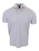 Men's short-sleeve polo shirt in white with an all-over geometric pattern in navy and coral.