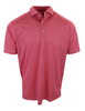 Men's short-sleeve polo shirt in rose pink with subtle geometric jacquard pattern and blue button placket.