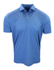 Men's short-sleeve polo shirt in periwinkle blue with an all-over geometric print pattern.