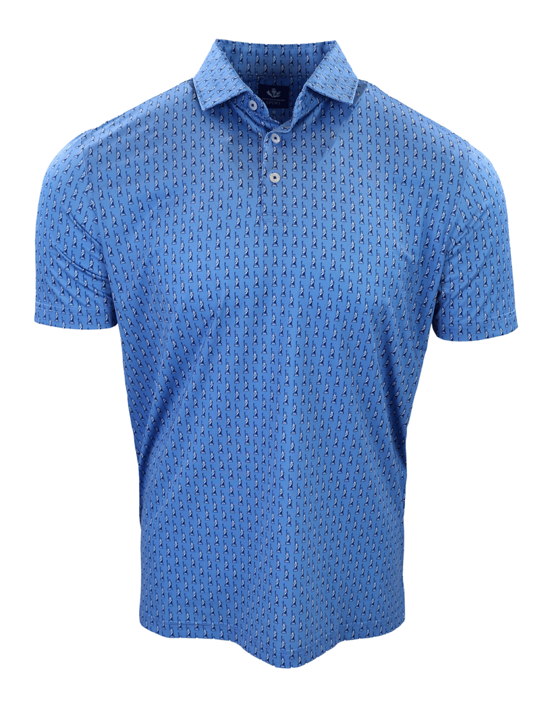 Men's short-sleeve polo shirt in periwinkle blue with an all-over geometric print pattern.