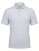 Donald Ross men's short-sleeve polo shirt in light blue with navy micro-dot pattern.