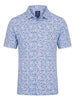Men's short-sleeve polo shirt in light blue with navy abstract pattern.