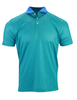 Turquoise short-sleeve polo shirt with a contrasting blue collar and white buttons.