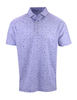 Men's lavender polo shirt with an all-over geometric dash print in navy and gold.
