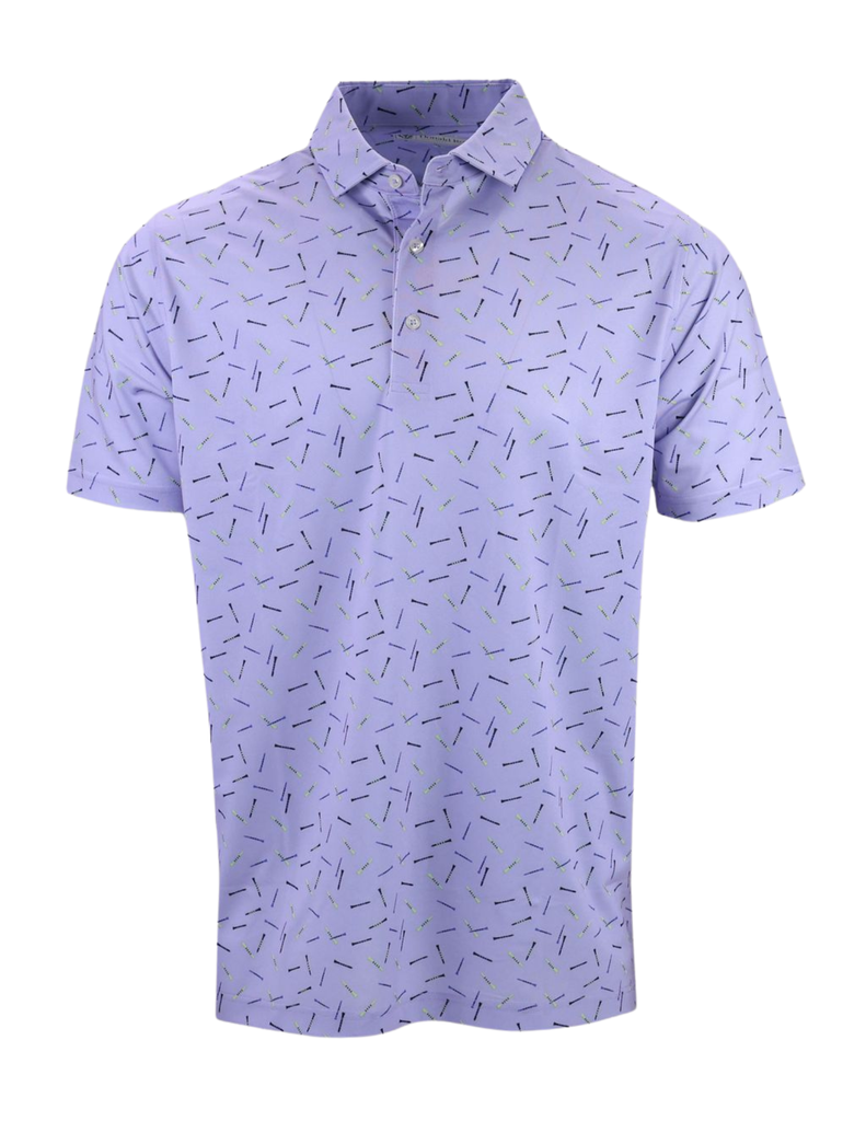 Men's lavender polo shirt with an all-over geometric dash print in navy and gold.