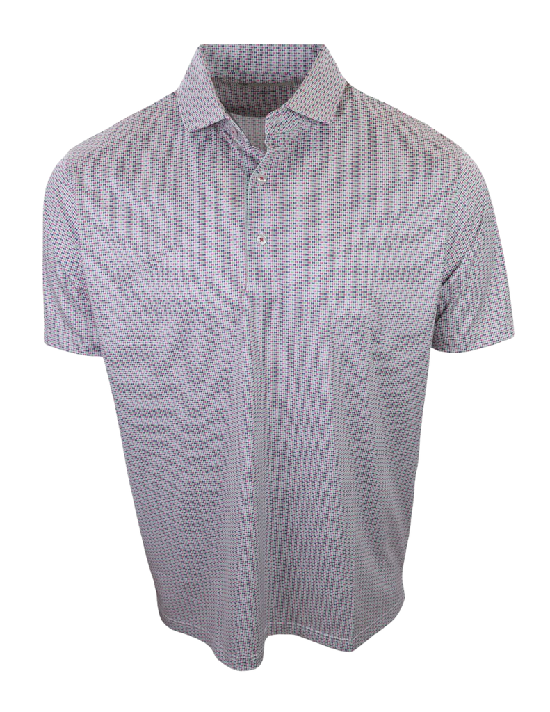 Men's short-sleeve polo shirt in lavender with a subtle geometric print and button placket.
