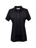 Black short-sleeve polo shirt with white buttons and collar, displayed on a flat lay against a white background.