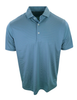Men's striped polo shirt in teal with short sleeves and a collared neckline.