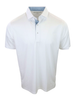 White short-sleeve polo shirt with blue geometric pattern collar detail and tonal button placket.