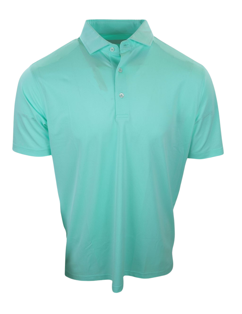 Men's turquoise polo shirt with short sleeves and button placket displayed on a neutral background.