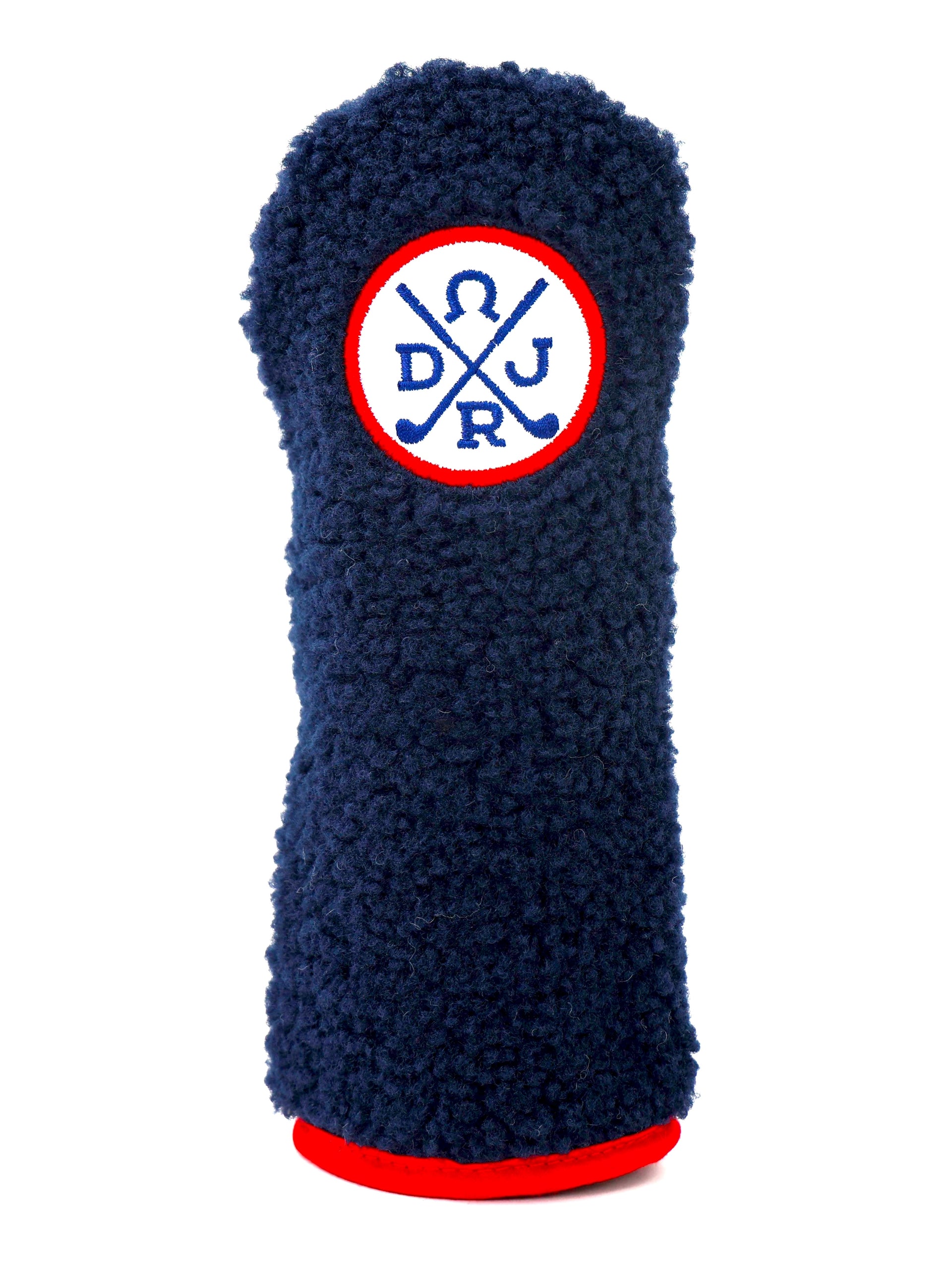 Navy blue wool putter cover with embroidered DJRR golf crest and red trim.