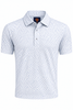Men's short-sleeve polo shirt in white with navy blue micro-dot pattern and button placket.