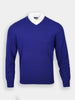 Royal blue V-neck sweater overlaying a white collared shirt, set against a light gray background. The sweater exudes a classic and elegant style.