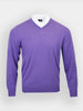 A purple V-neck sweater is displayed on a white background. It features long sleeves and a white collared shirt underneath, giving a formal and stylish appearance.