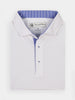 White golf polo shirt with blue-striped inner collar and buttons