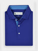 Folded royal blue golf polo shirt with a striped collar, displaying three white buttons