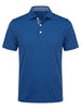Men's royal blue short-sleeve polo shirt with white buttons and a decorative floral print interior collar.