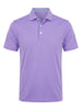 Men's lavender polo shirt with short sleeves and floral patterned interior placket detail.