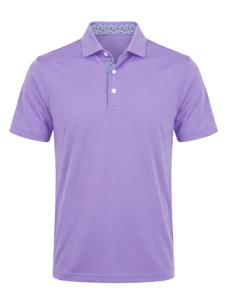 Men's lavender polo shirt with short sleeves and floral patterned interior placket detail.