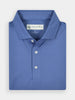 Folded blue golf polo shirt with a collar and three white buttons, featuring performance fabric