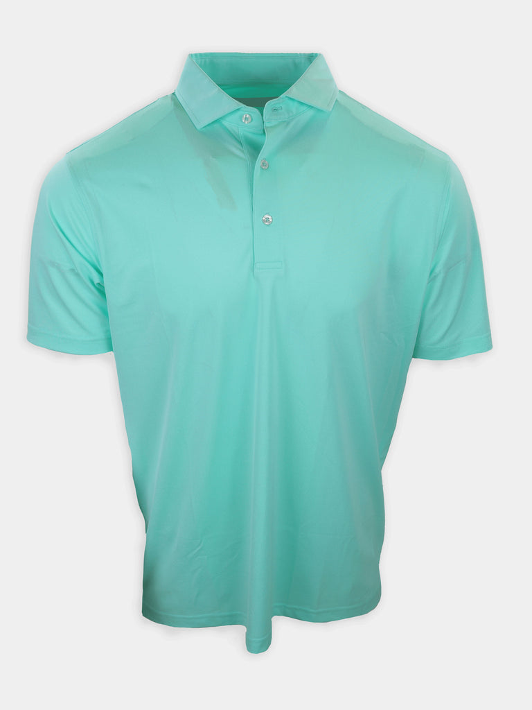 Short-sleeved polo shirt in a light mint green color displayed against a plain white background.