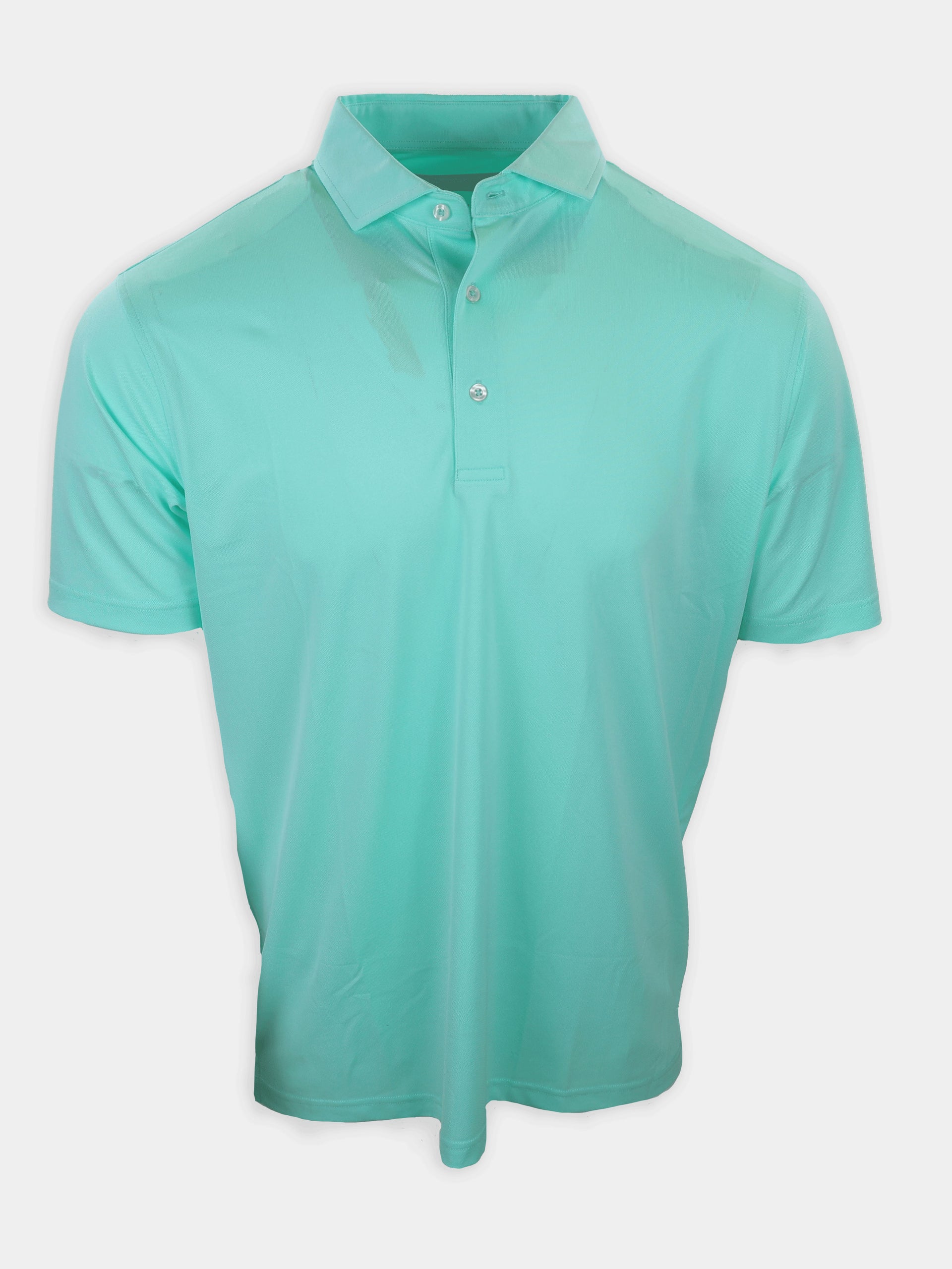 Short-sleeved polo shirt in a light mint green color displayed against a plain white background.