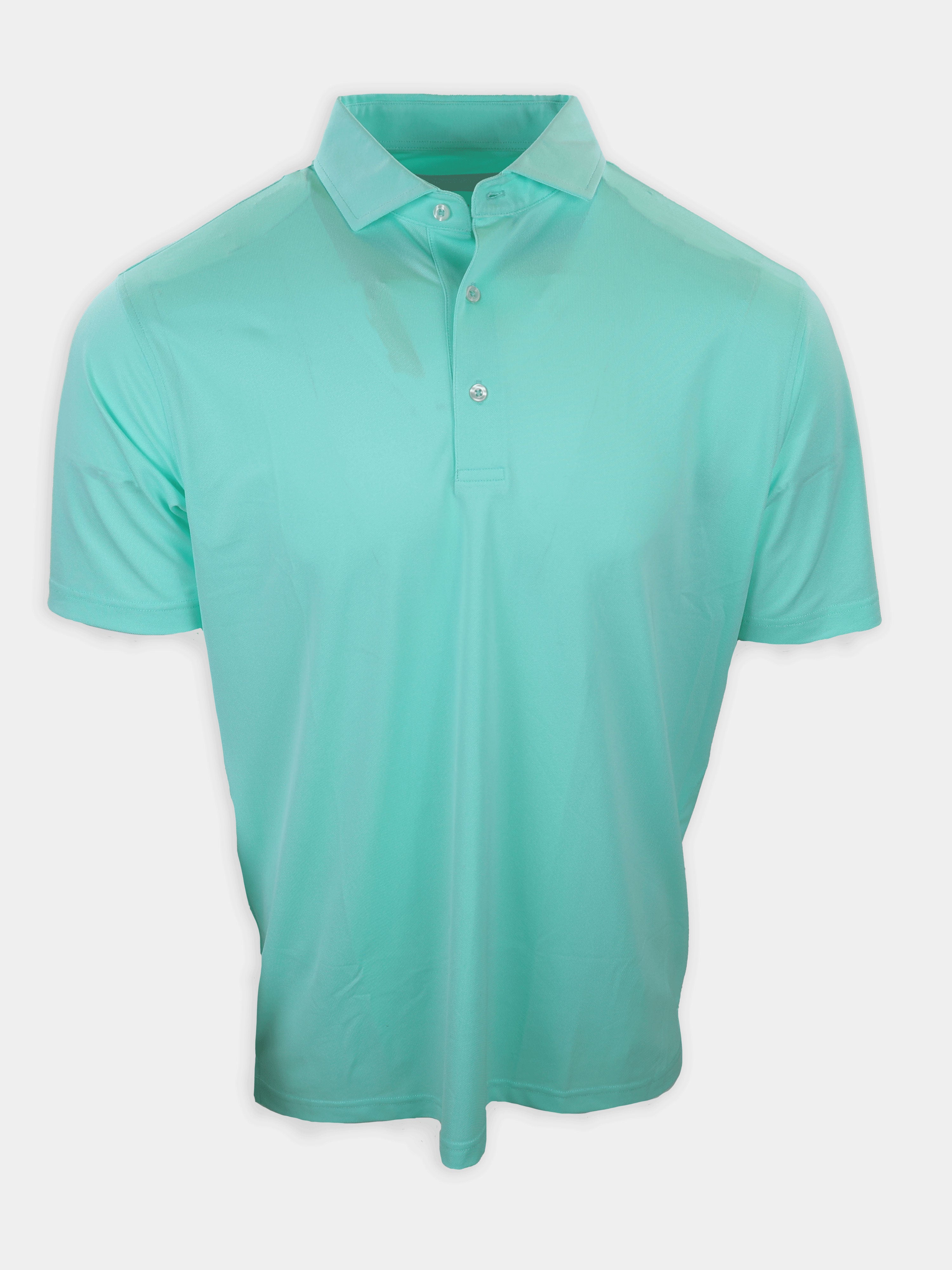 Short-sleeved polo shirt in a light mint green color displayed against a plain white background.