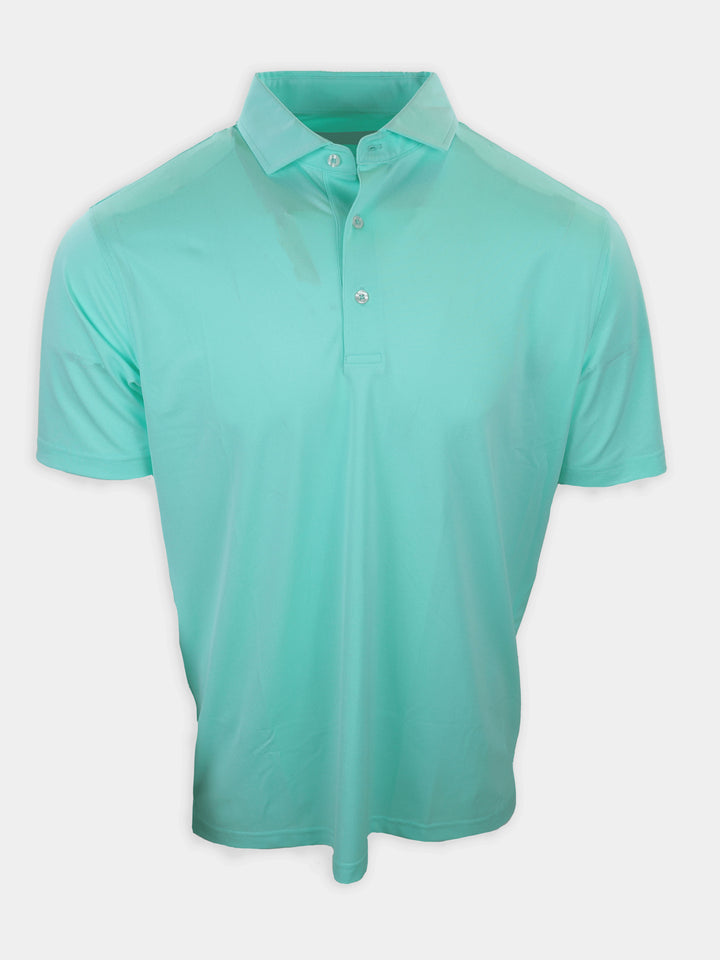 Short-sleeved polo shirt in a light mint green color displayed against a plain white background.