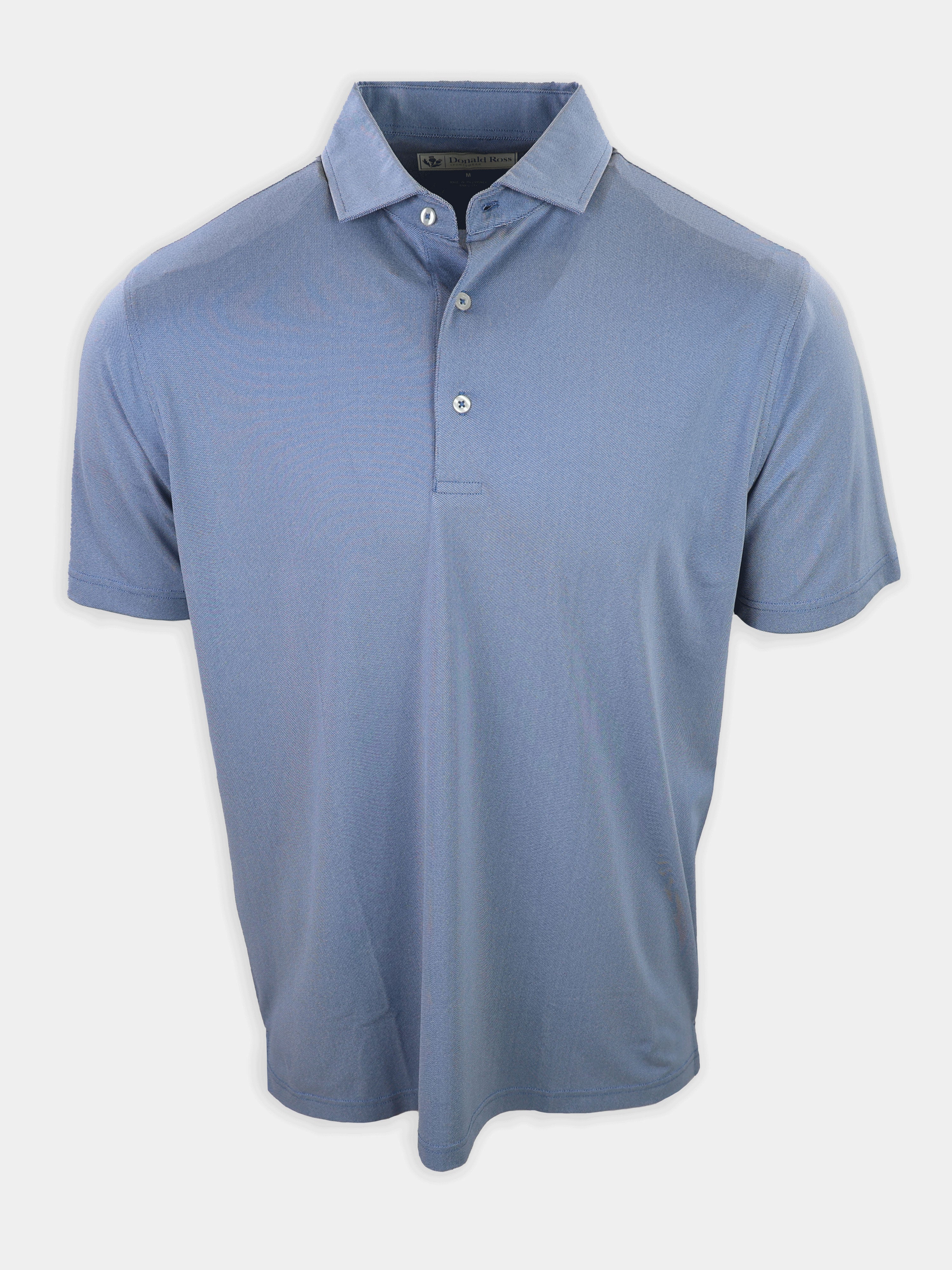 Light blue short-sleeve polo shirt is displayed against a neutral background.
