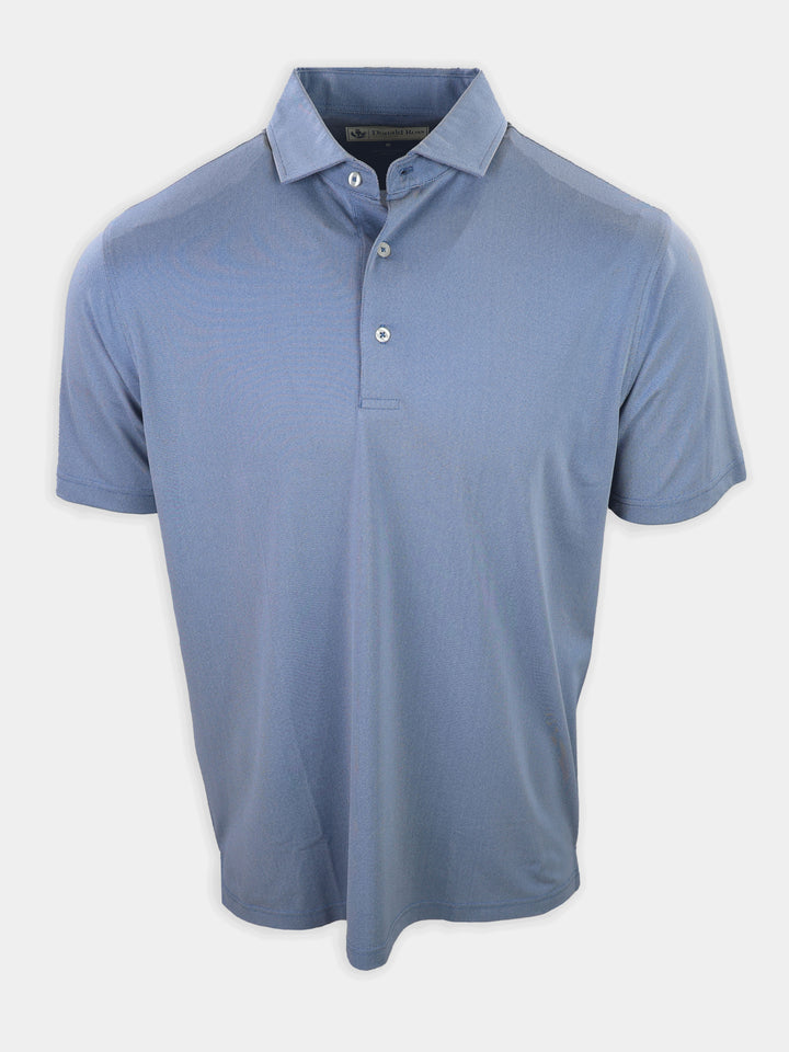 Light blue short-sleeve polo shirt is displayed against a neutral background.
