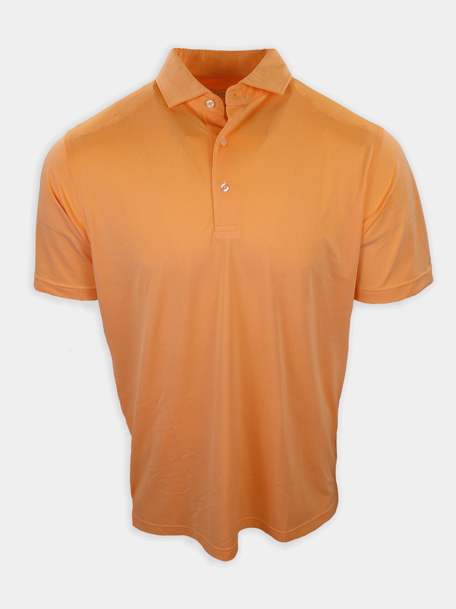Short-sleeved polo shirt in an orange color displayed against a white background.