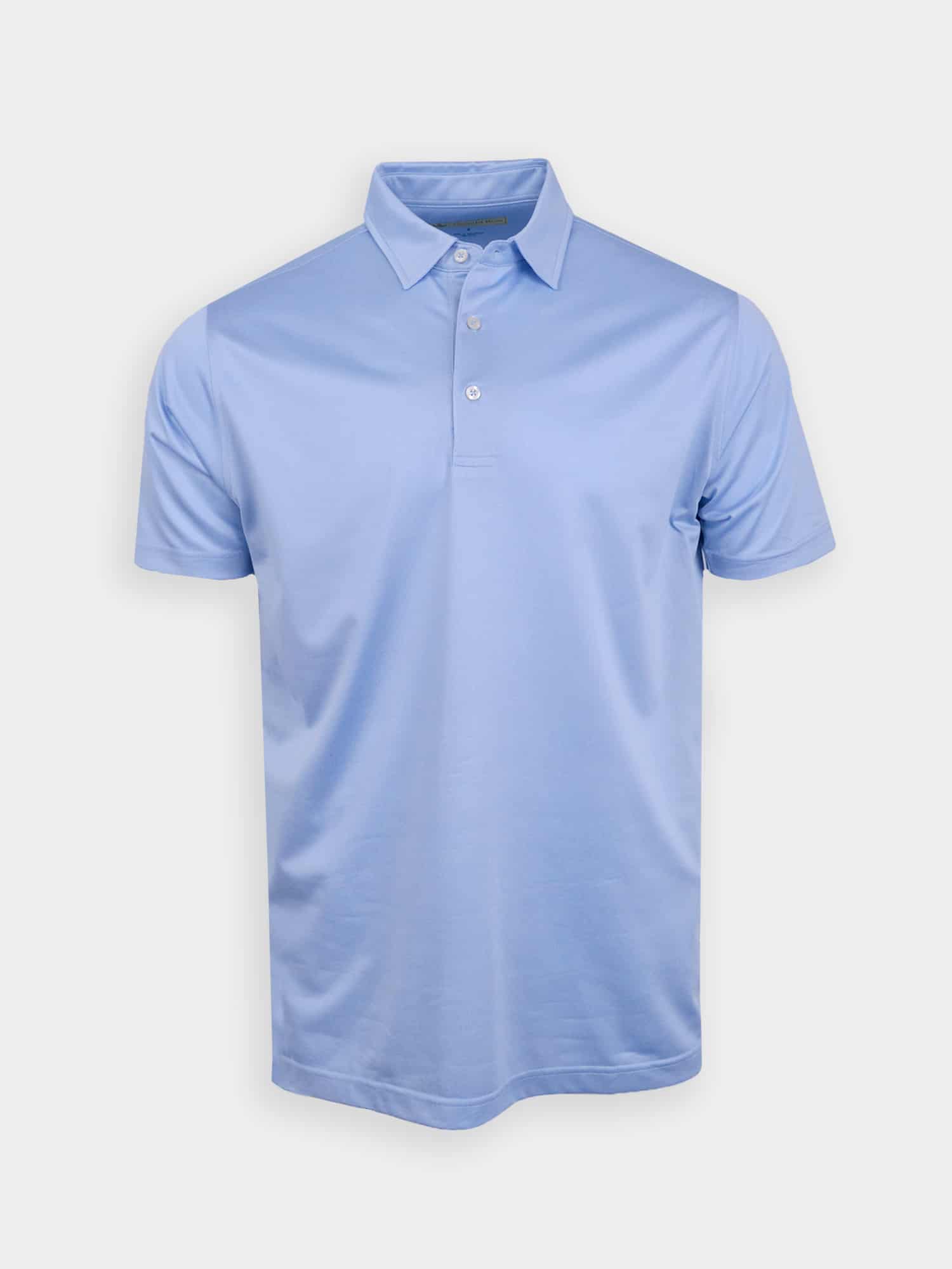 Light blue golf polo shirt on a white background, featuring a premium performance fabric