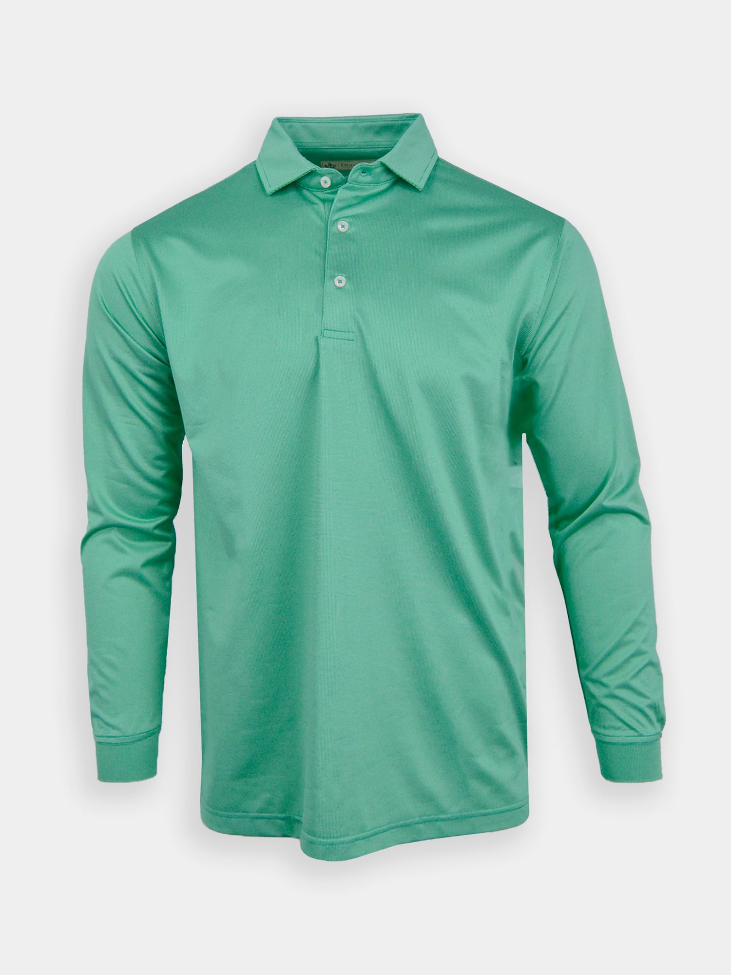 Green long-sleeve polo shirt for golfers with a collar and three buttons, displayed on a white background