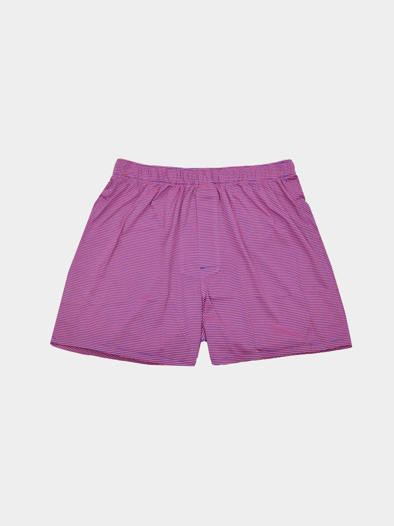 Purple and blue striped men's boxers displayed flat on a light gray background