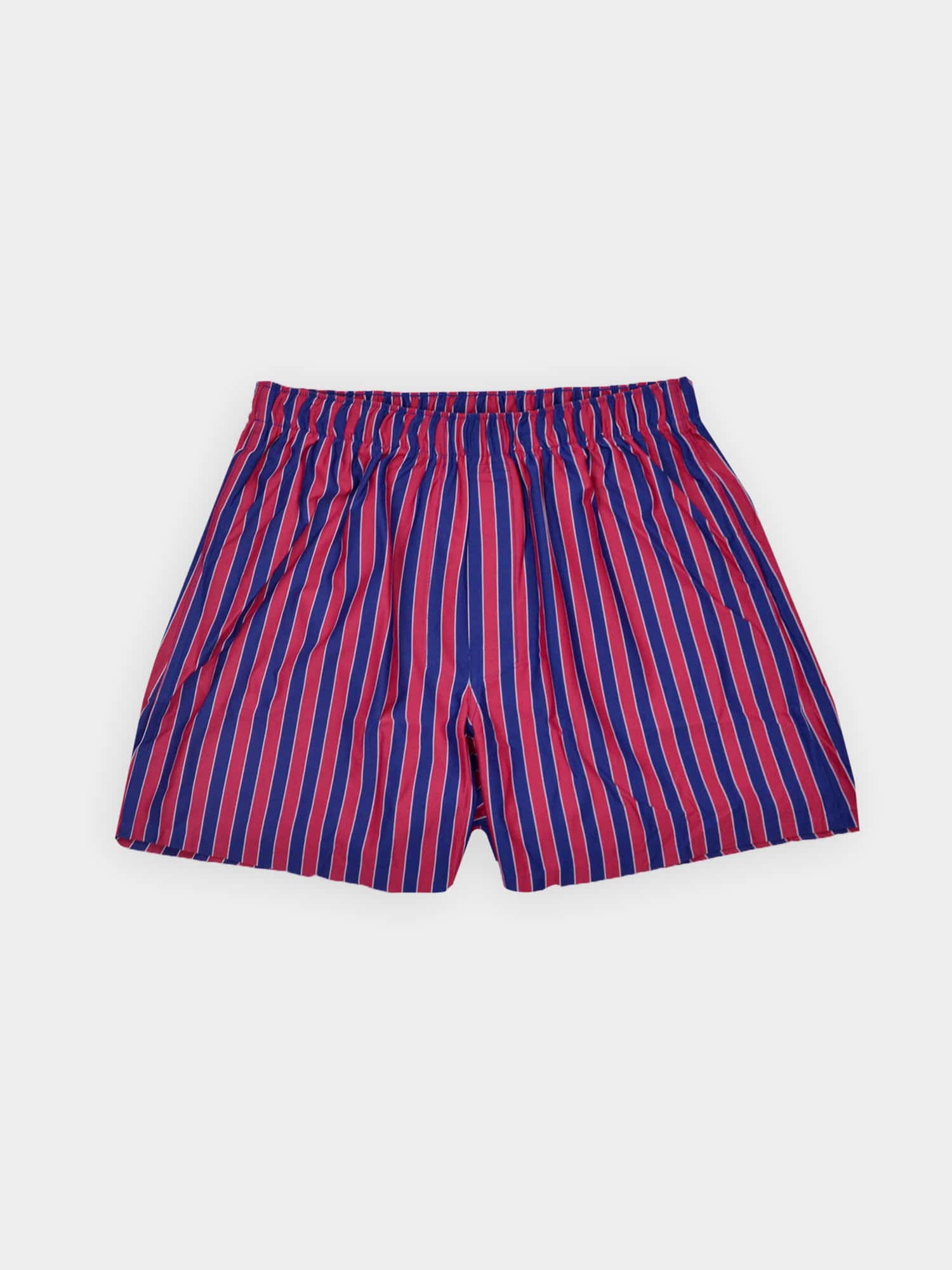 Blue and red striped boxer shorts with an elastic waistband