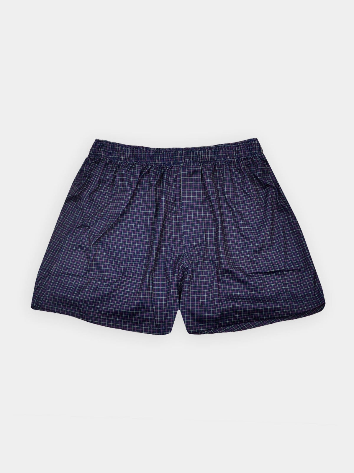 Dark blue plaid boxer shorts with an elastic waistband. The fabric pattern features small squares in red and white.
