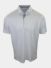 White short-sleeve polo shirt with blue patterned interior collar and button placket detail.