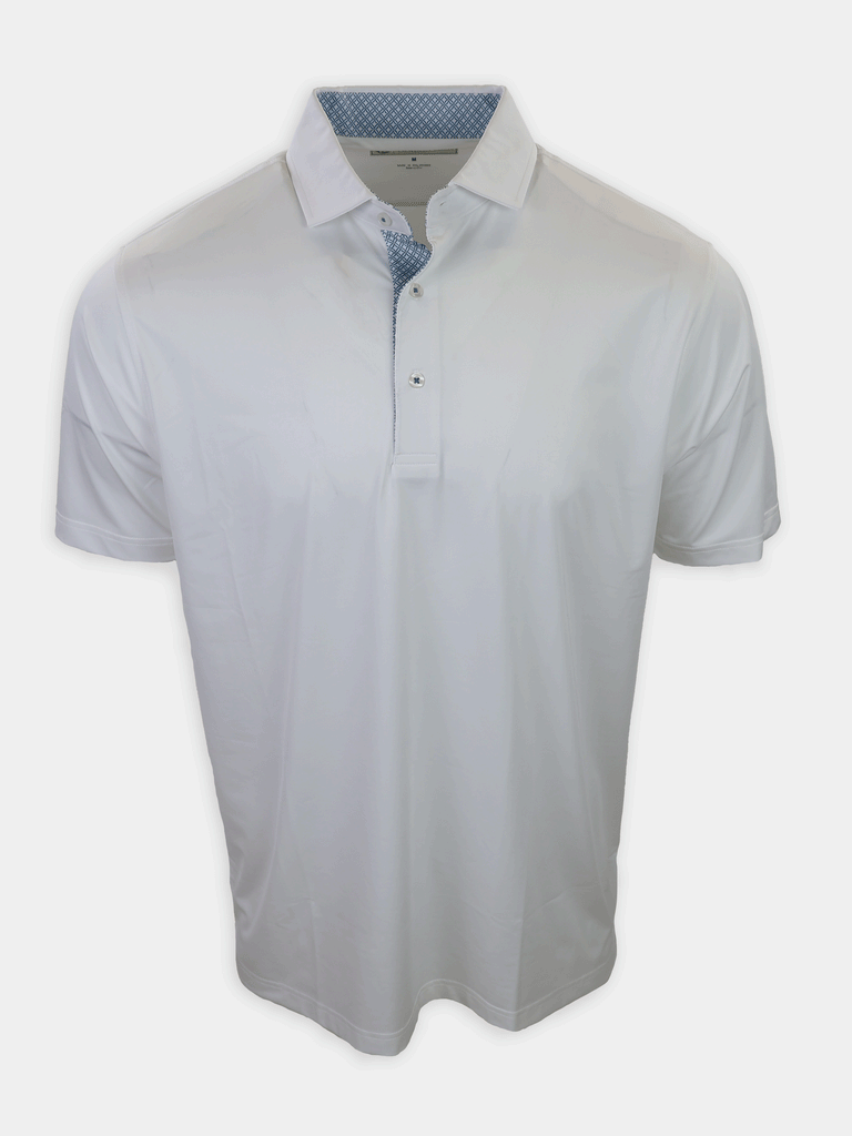 White short-sleeve polo shirt with blue patterned interior collar and button placket detail.