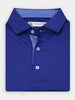 A folded blue polo shirt with a patterned collar and three buttons is displayed on a white background.