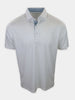 A white polo shirt with a patterned blue collar is displayed against a plain background.