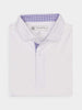 White polo shirt with subtle blue and pink patterned inner collar