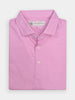 Folded pink golf polo shirt with a collar and three buttons, featuring a three-button placket and performance fabrics