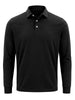Black long-sleeve polo shirt with white button placket and ribbed cuffs.
